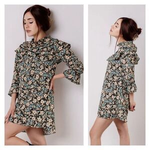 Zara Women's Floral Print Ruffled Bell Sleeve Mini Dress Green Cream Size Medium